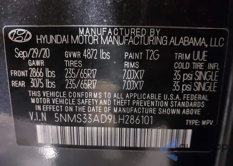 2020 Hyundai Santa Fe Sel z USA, uszkodzony, nr VIN 5NMS33AD9LH286101